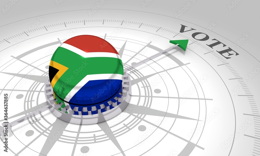 Voting concept. 3D rendering. Abstract compass points to the vote word. Flag of the South Africa Voting concept. 3D rendering. Abstract compass points to the vote word. Flag of the South Africa