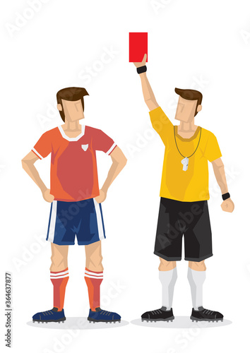 Soccer football referees give out a red card on white background.