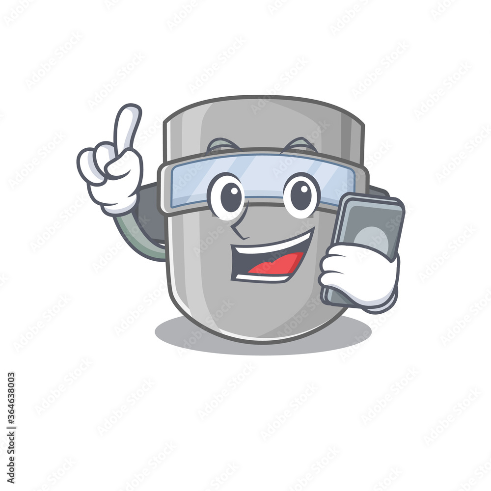 Welding mask caricature character speaking with friends on phone