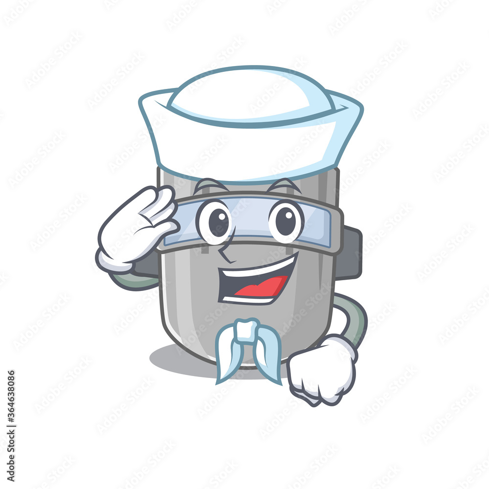 Smiley sailor cartoon character of welding mask wearing white hat and tie