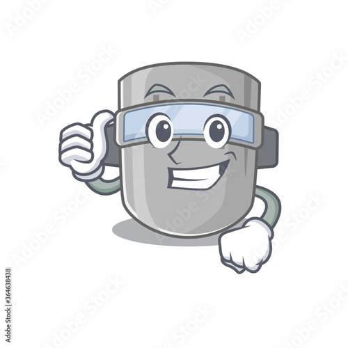 Welding mask cartoon character design showing OK finger