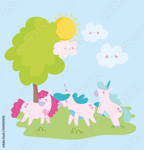 little unicorns clouds sun tree fantasy magic animal cartoon
