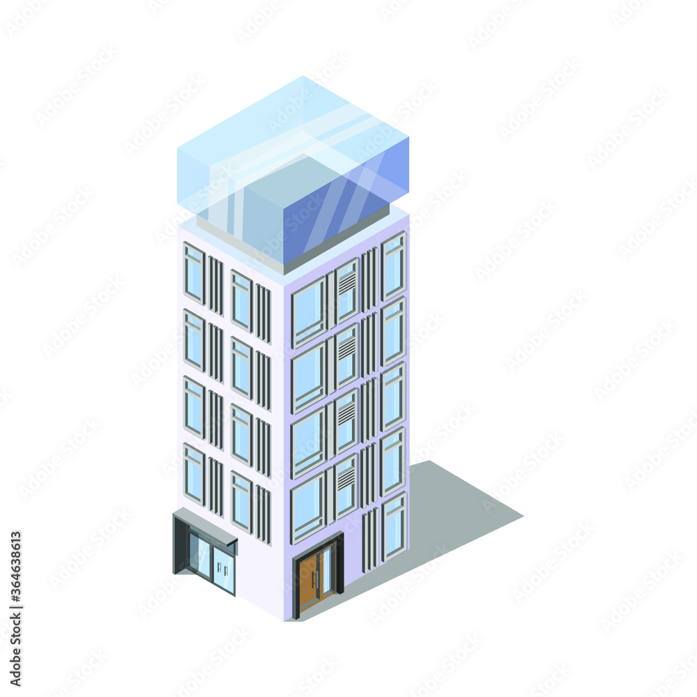 Multi-storey glass building with Windows. Modern building, isometry. Architecture. Megalopolis Multi-storey glass building with Windows. Modern building, isometry. Architecture. Megalopolis