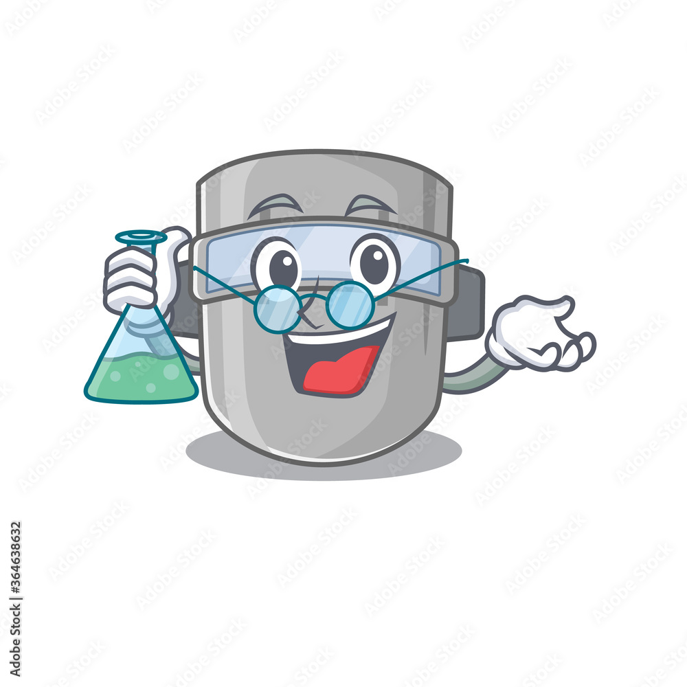 caricature character of welding mask smart Professor working on a lab