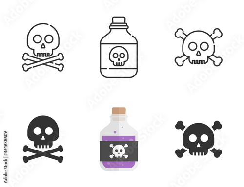 skull and crossbones icon, Bottle of poison or poisonous chemical toxin with skull label, Halloween design element or classic "Jolly Roger" pirate flag. Outline, line. vector flat illustration.