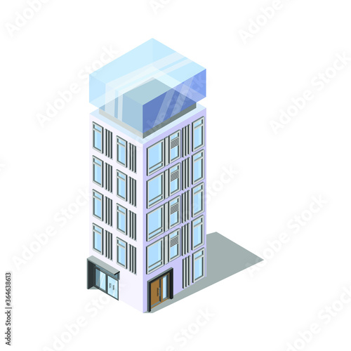Multi-storey glass building with Windows. Modern building  isometry. Architecture. Megalopolis