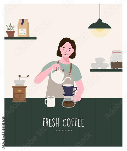 Barista woman making coffee on counter coffee. Female barista, manual brew drip coffee and accessories, wearing apron petting, interior decoration, Modern flat vector illustrations.