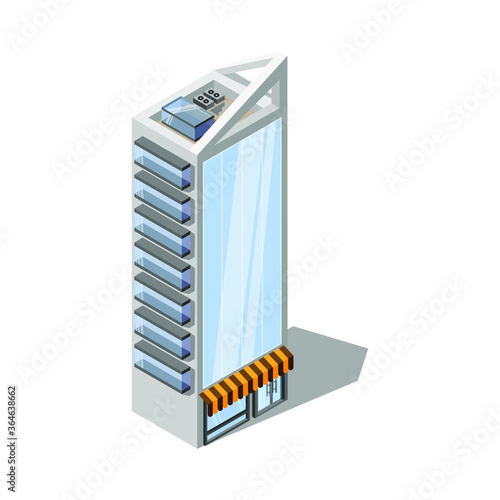 Multi-storey building with panoramic Windows and balconies. Modern building, isometry. Architecture.