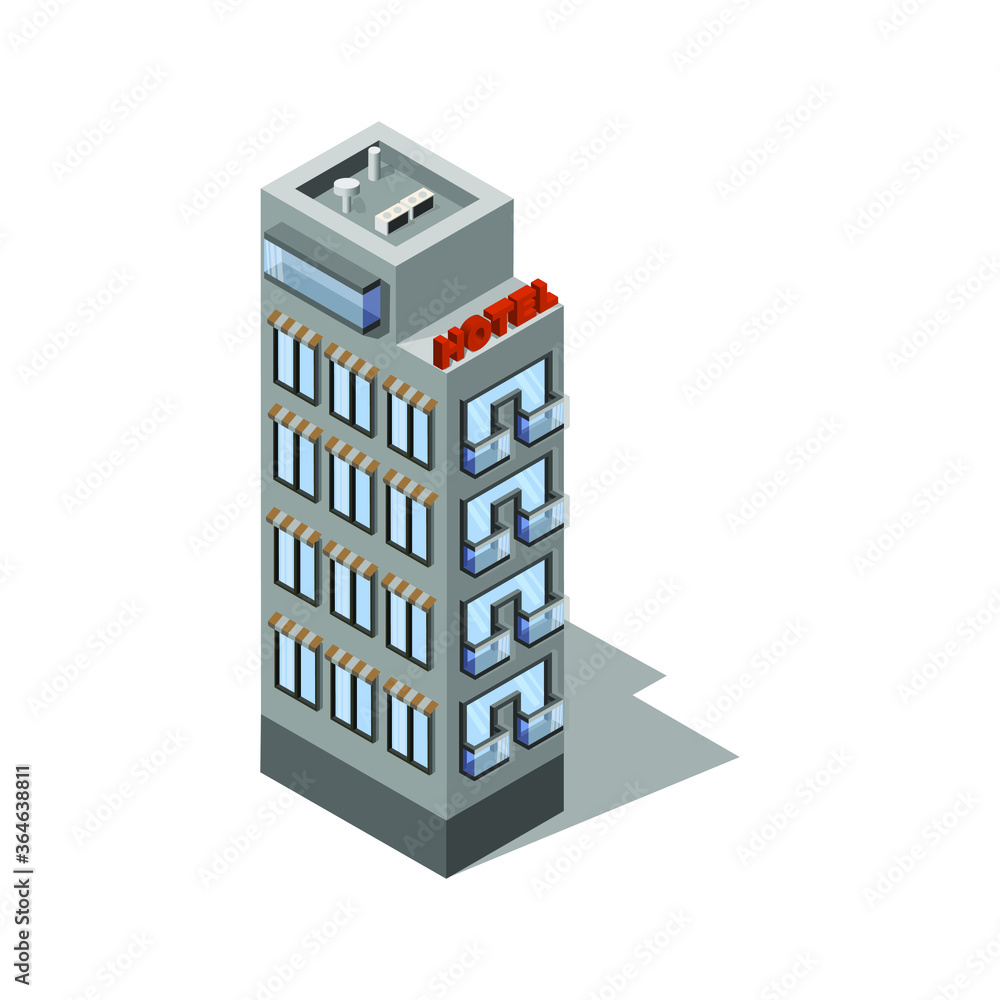 Multi-storey building hotel. The logo of the hotel. Isometry. Architecture. Megalopolis. New York. Multi-storey building hotel. The logo of the hotel. Isometry. Architecture. Megalopolis. New York.