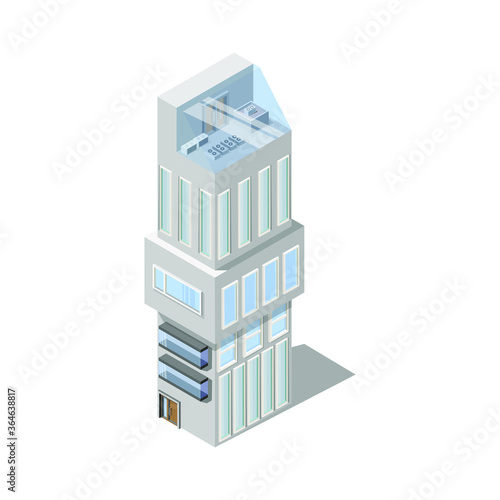  A tall gray building with panoramic Windows. Modern building, isometry. Architecture