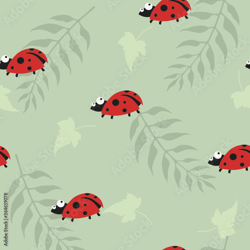 Vector seamless pattern with cute ladybugs. Light green background © Карина Дорожкина