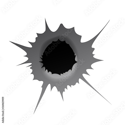 Bullet hole on white background. Realisic metal bullet hole, damage effect. Vector illustration.