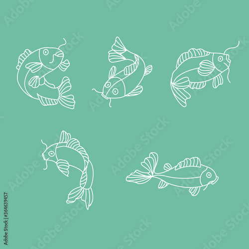 Line art drawing of a carp fish with various swimming pose.