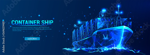 Сontainer ship, cargo ship in futuristic polygonal style with wireframe, triangles low poly on blue background with stars. Marine Logistics Banner. Worldwide cargo ship. Vector illustration