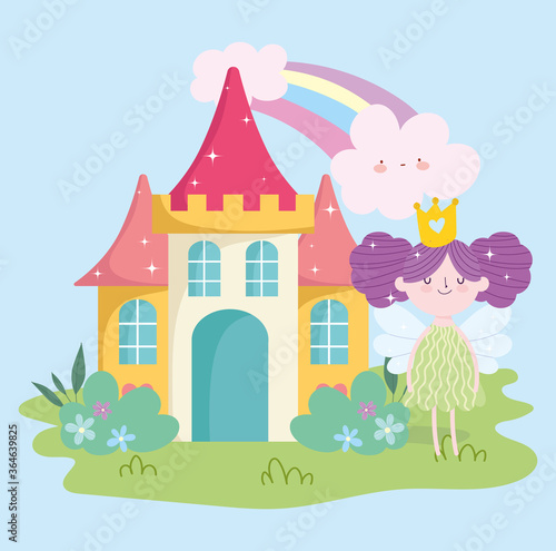little fairy princess with wings castle rainbow clouds garden tale cartoon