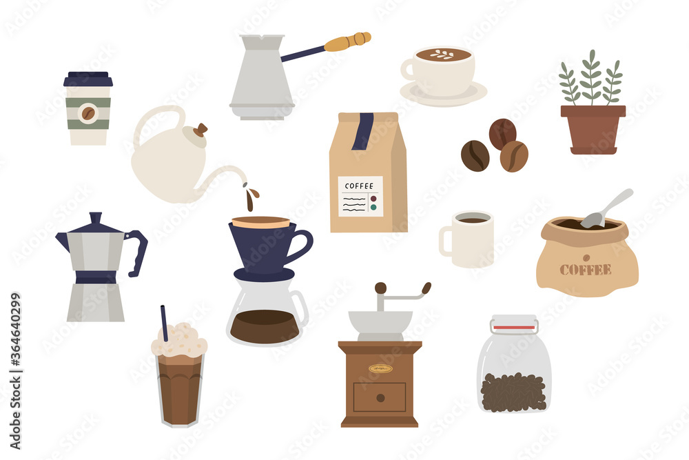 Set of coffee types and accessories Royalty Free Vector