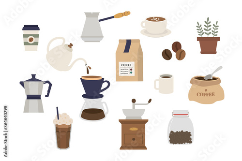 Set of coffee elements collection. Coffee supplies icons. make coffee. French press, coffee makers, cup, pot, grinder and packaging. object, accessory, Flat minimal style icons. Vector illustration.