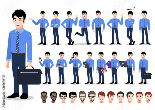 Asian businessman cartoon character set. Handsome business man in office style smart shirt . Vector illustration