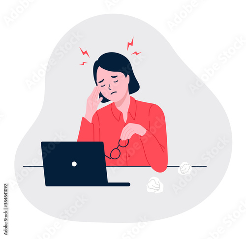 Stressful work, Stress at workplace. Busy business woman, Project failure, Workaholic. Unhappy female clerk sitting at desk. Sad, tired or exhausted woman at office. flat vector illustration