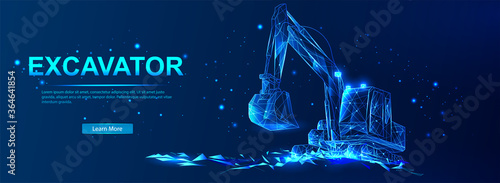 Excavator. Abstract vector in futuristic polygonal style with wireframe, lowpoly triangles on a blue background with stars. Soil development and loading of bulk materials. Vector illustration