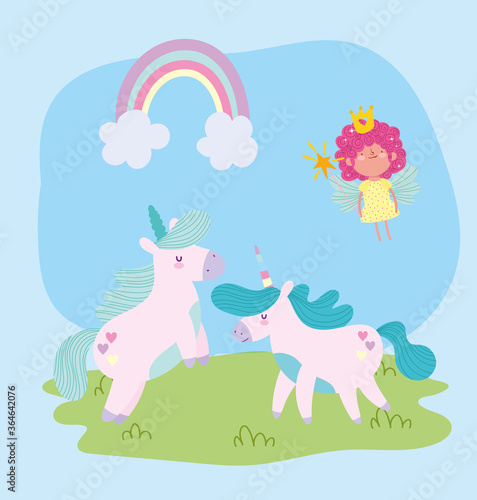 little unicorns flying little fairy with magic wand fantasy tale animal cartoon