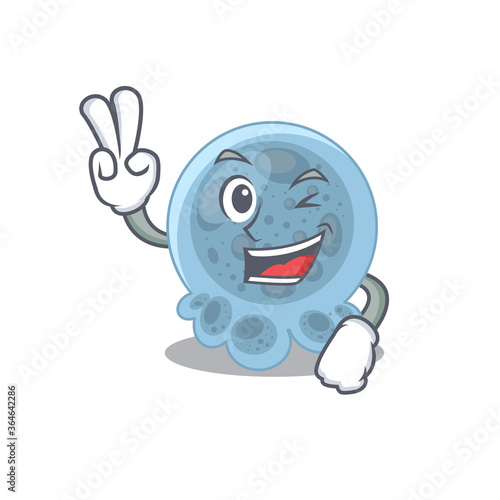 A joyful pasteurella cartoon mascot style show two fingers pose