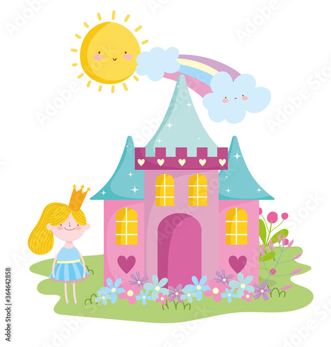 little fairy princess with castle crown flowers rainbow tale cartoon © Stockgiu