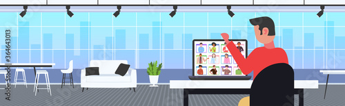 businessman having online briefing or consultation during video call remote work quarantine isolation concept business man usilng laptop at workplace office interior portrait vector illustration
