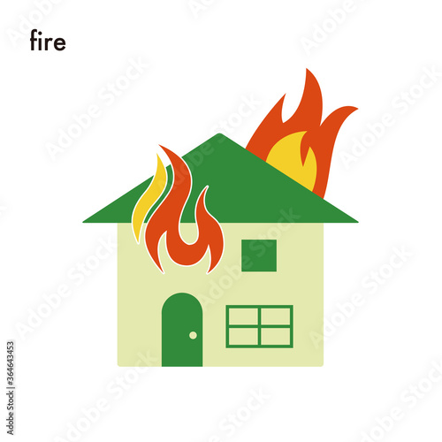 house in trouble with a fire 火災の被害で困っている家のイラスト	