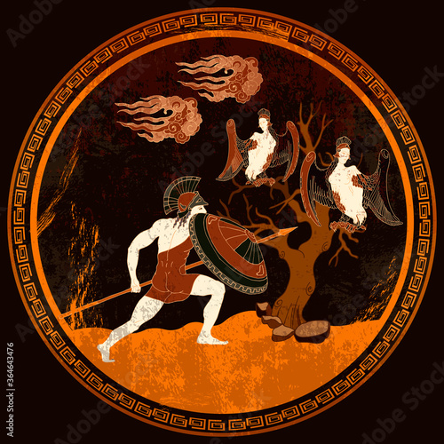 Ancient Greece battle scene. scene. Spartan warrior. Greek vase painting concept. Meander circle style. Red figure techniques. Mythology and legends