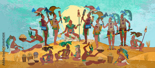 Pyramid and tribe. Maya background. Historical art. Ancient mexican history. Ancient Mayan. Mural Painting. Old frescos style. Conquistadors and Aztec and Inca people