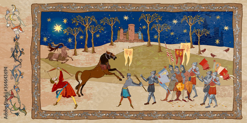 Middle Ages, parchment concept. Historical miniature art. Medieval art. Battle scene. Knights, cavalry, archers. Ancient book vector illustration