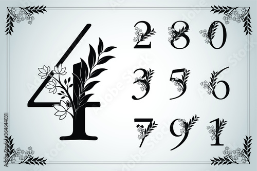 Set of vector elegant numbers, flower-patterned numeration.
