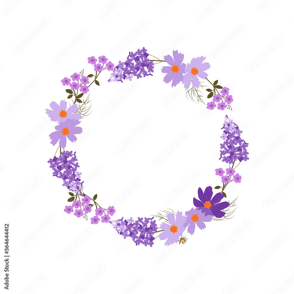 Delicate lilac flowers and dragonfly, wreath with place for your text on a white background.