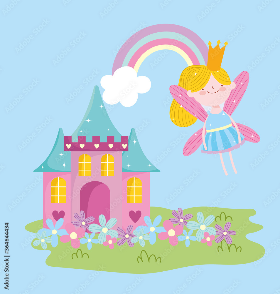 flying winged little fairy princess rainbow and castle with flowers tale cartoon flying winged little fairy princess rainbow and castle with flowers tale cartoon