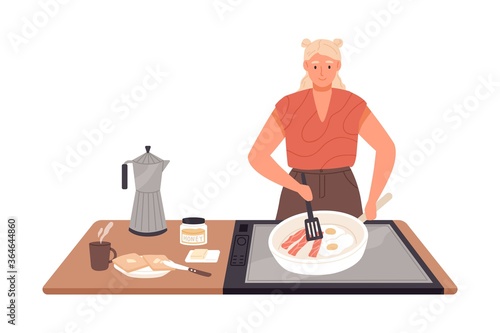 Smiling female cooking breakfast on kitchen table vector flat illustration. Happy woman frying eggs with bacon, toasts with butter and coffee isolated on white. Housewife preparing morning meal
