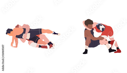 Wrestling flat isolated illustration. Young fighters set