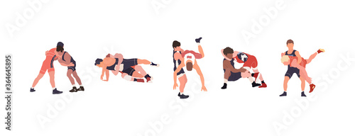 Fototapeta Naklejka Na Ścianę i Meble -  Wrestling flat isolated illustration. Young fighters set
