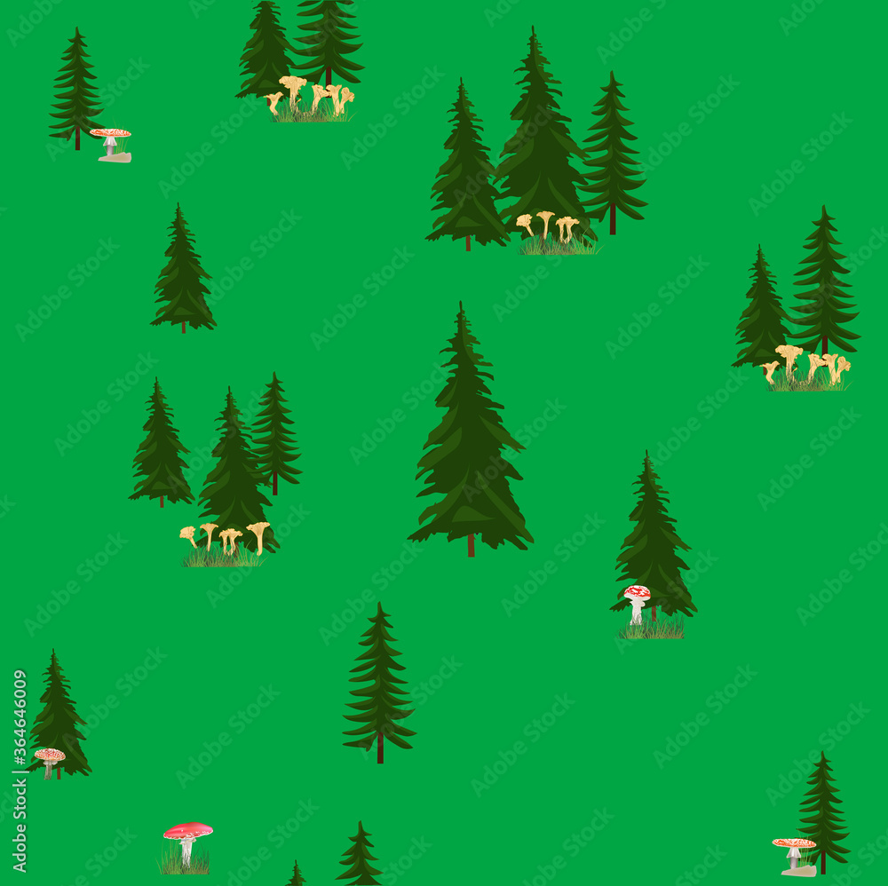 mushrooms under fir trees isolated on green background