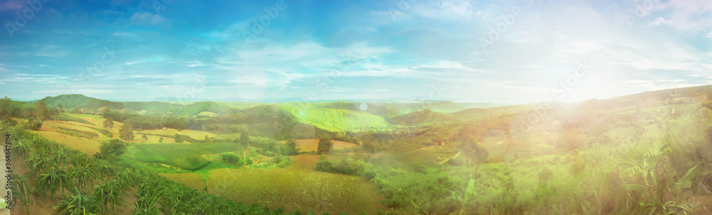 Panorama of thailand country at sunset in evening light. Wonderful springtime landscape on mountains. Grassy field and nature. Rural scenery mountain valley during sunrise. Natural summer landscape. Panorama of thailand country at sunset in evening light. Wonderful springtime landscape on mountains. Grassy field and nature. Rural scenery mountain valley during sunrise. Natural summer landscape.
