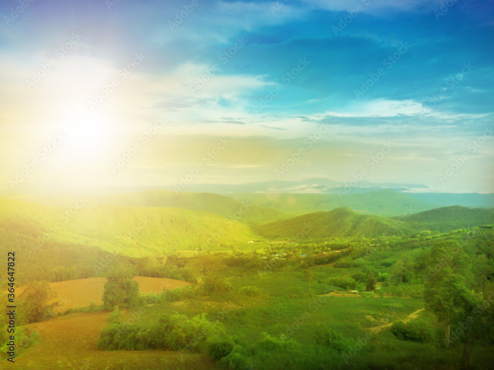 Panorama of thailand country at sunset in evening light. Wonderful springtime landscape on mountains. Grassy field and nature. Rural scenery mountain valley during sunrise. Natural summer landscape.