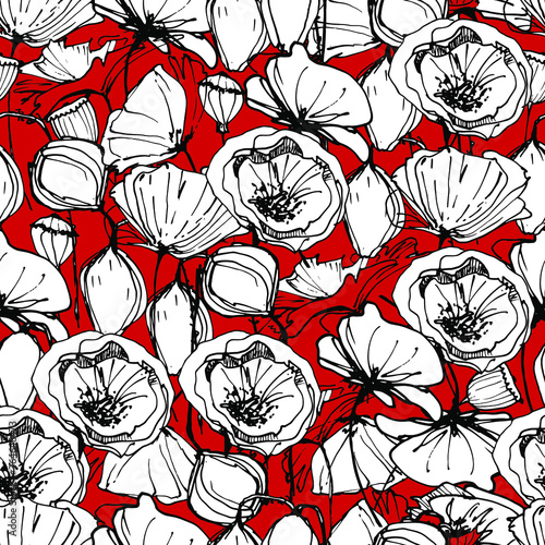 Wallpaper Mural Pattern with big poppy, red flower, wild plants. Background for children and adults with a red delicate poppy at different angles. manual graphics. isolate. For textile, wallpaper, design, packaging. Torontodigital.ca