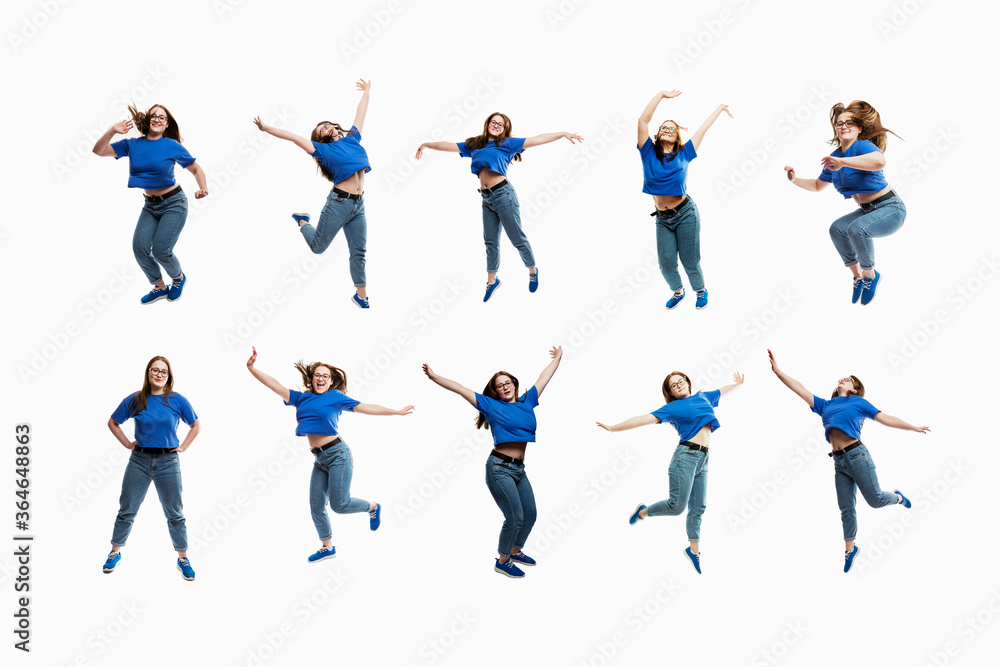 Set of images of a jumping young girl in jeans and a T-shirt. Movement and energy. Collage. Isolated on a white background.
