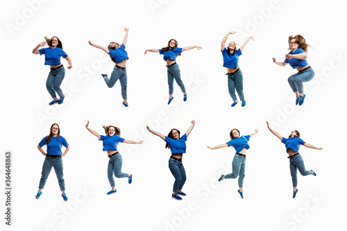 Set of images of a jumping young girl in jeans and a T-shirt. Movement and energy. Collage. Isolated on a white background.