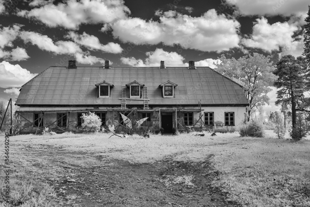 surreal landscape, old houses, infrared photo of the amazing nature of the snowy tree surreal landscape, old houses, infrared photo of the amazing nature of the snowy tree
