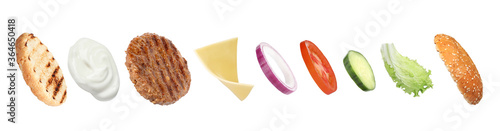 Set of ingredients for delicious burger on white background. Banner design