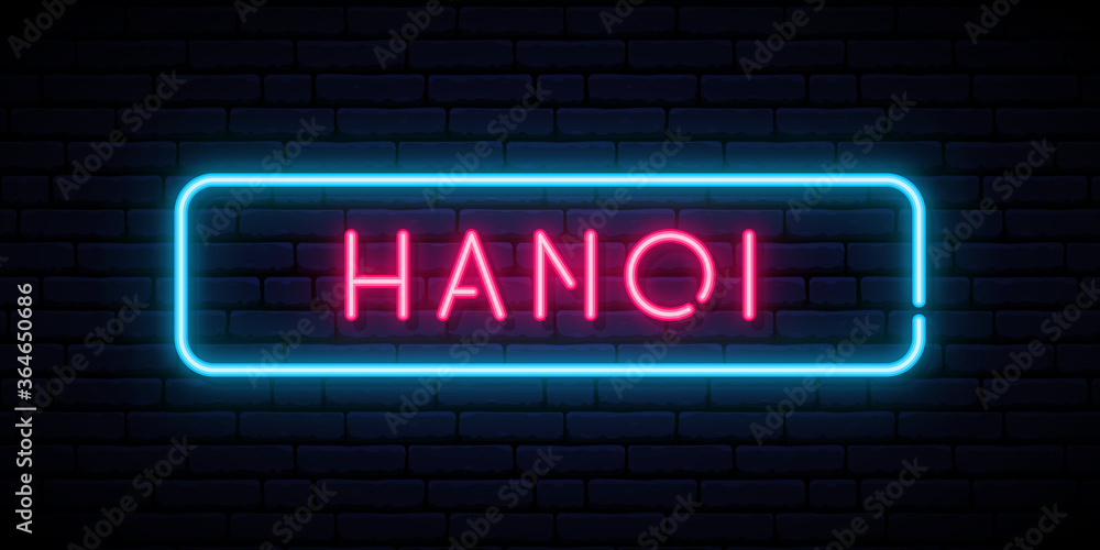 Hanoi neon sign. Bright light signboard. Vector banner.