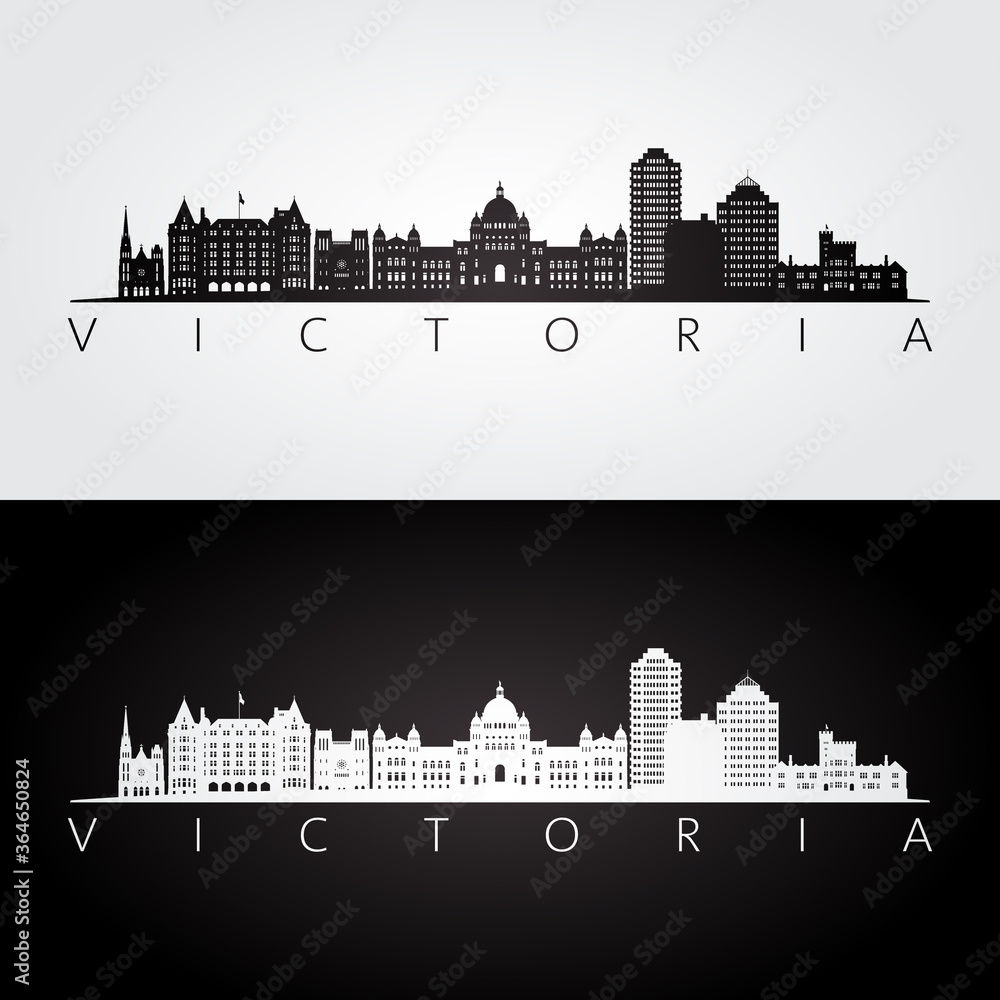 Victoria, Canada skyline and landmarks silhouette, black and white design, vector illustration.