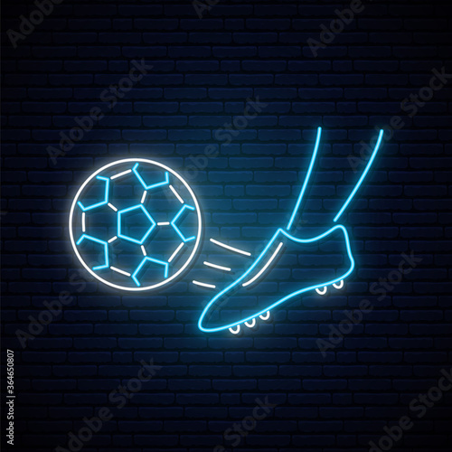 Neon soccer sign. Foot of a soccer player kicking the ball. Glowing neon soccer ball emblem. Vector illustration.