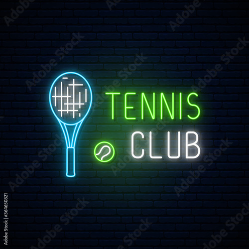Neon tennis club sign. Glowing neon ball and racket icons for playing tennis. Bright light signboard. Vector illustration.